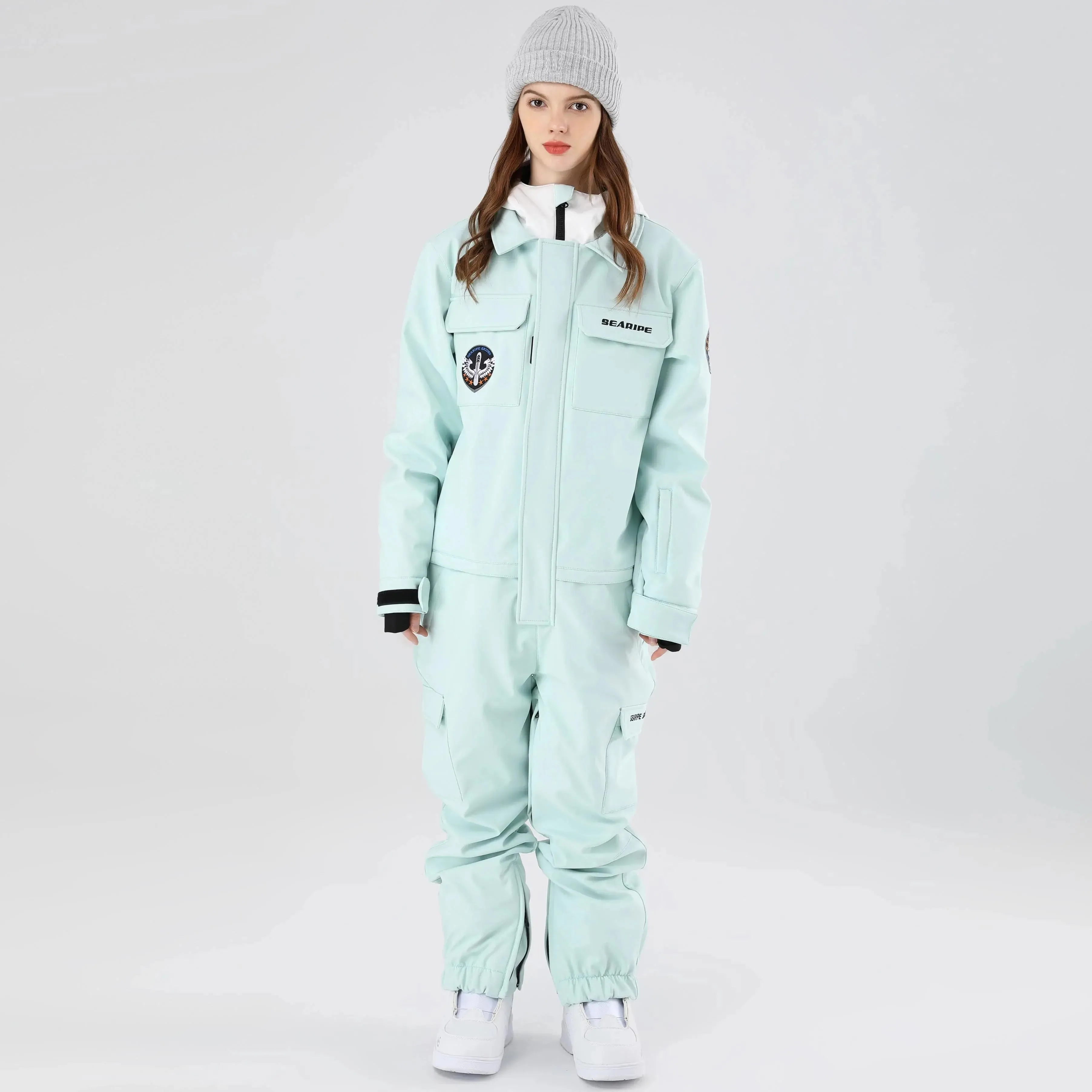 Women One Piece Ski Suits Hooded Cargo Ski Jumpsuits