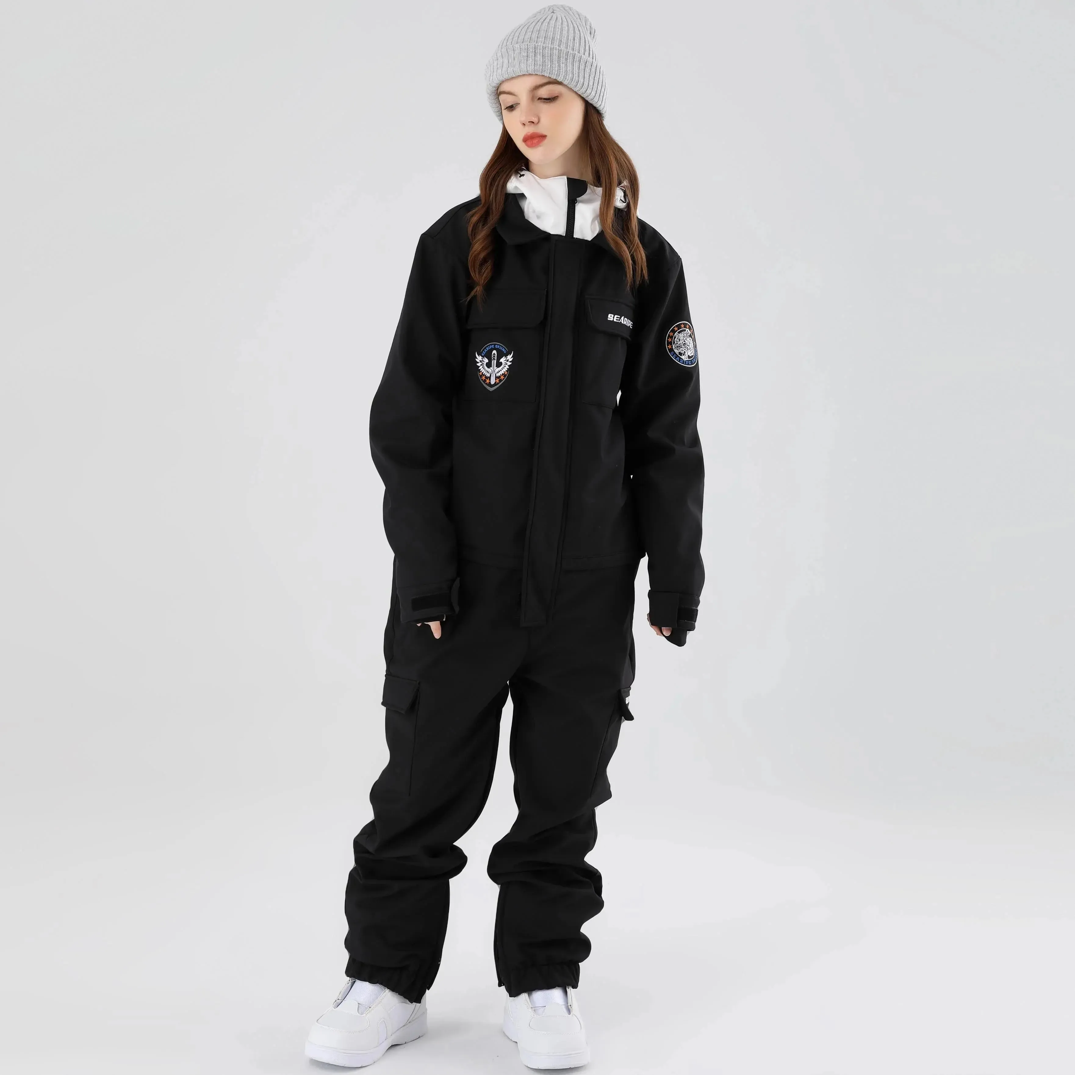 Women One Piece Ski Suits Hooded Cargo Ski Jumpsuits