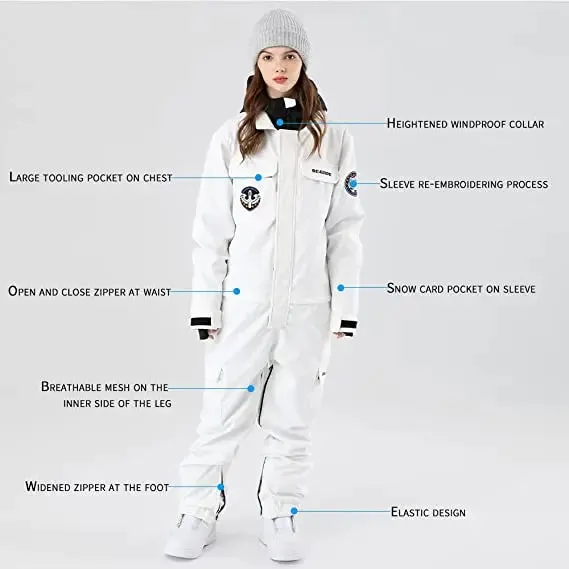 Women One Piece Ski Suits Hooded Cargo Ski Jumpsuits