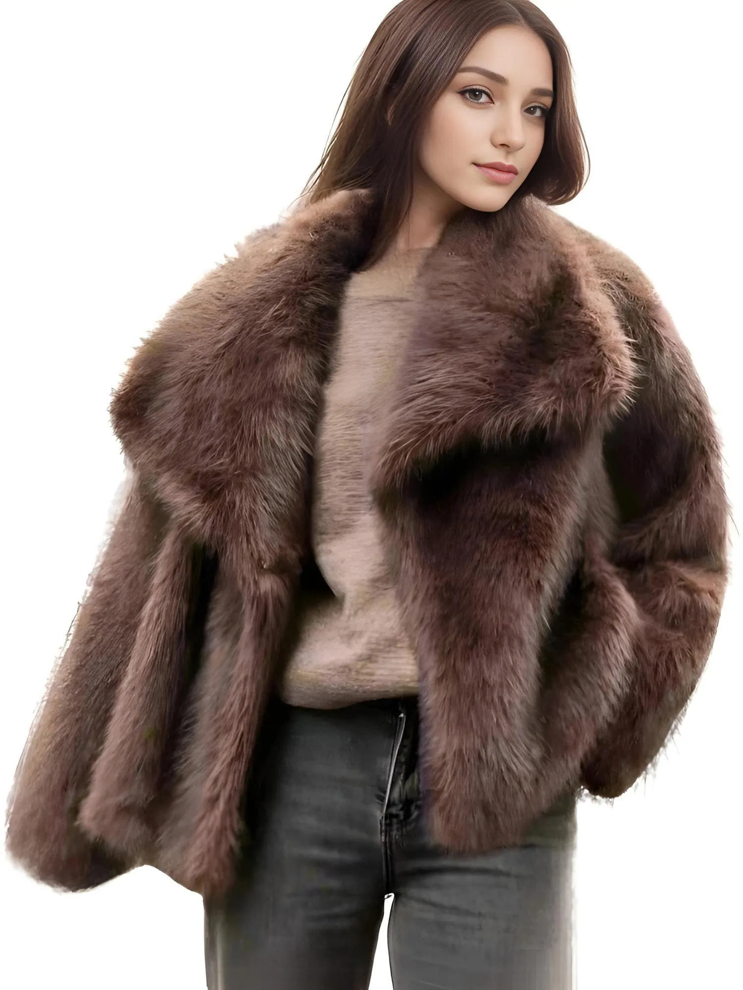 Women's Retro Oversized Collar Faux Fur Coat Winter Thick Warm Solid Color Furry Jacket Female High Street Outerwear