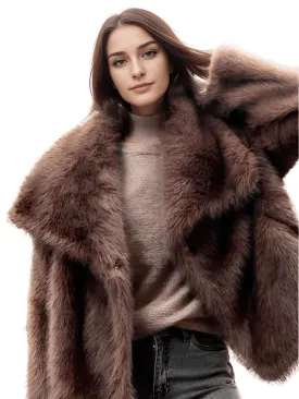 Women's Retro Oversized Collar Faux Fur Coat Winter Thick Warm Solid Color Furry Jacket Female High Street Outerwear