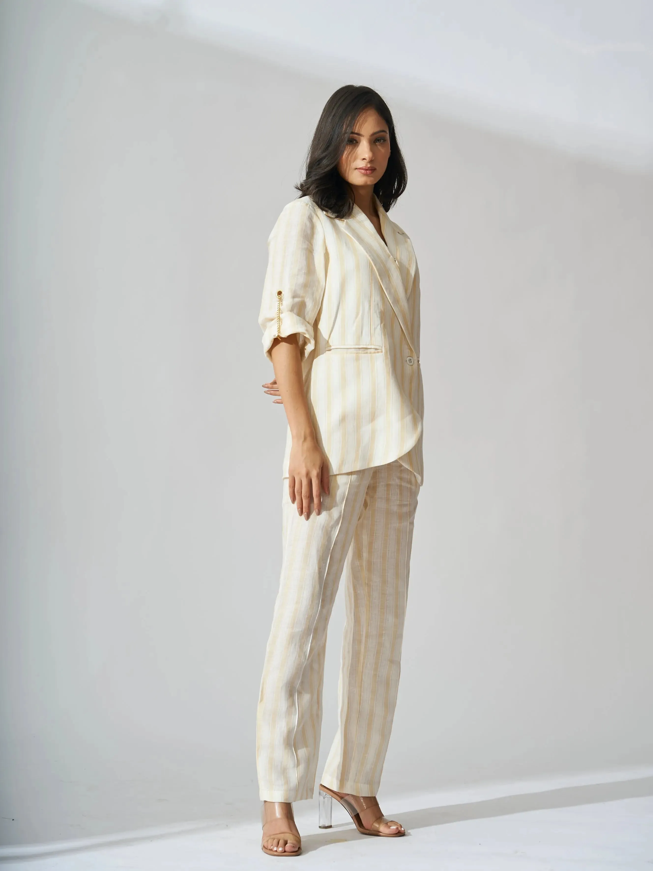 Yellow Striped Linen Blazer with Flared Pants