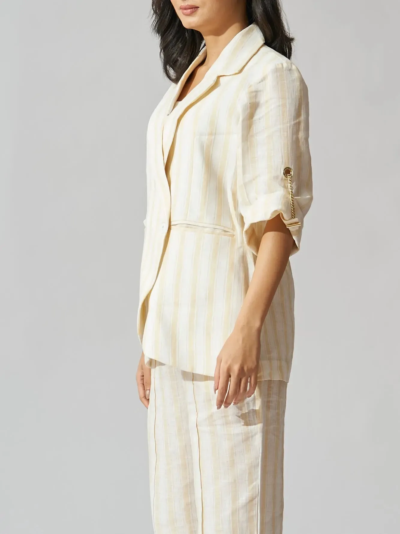 Yellow Striped Linen Blazer with Flared Pants