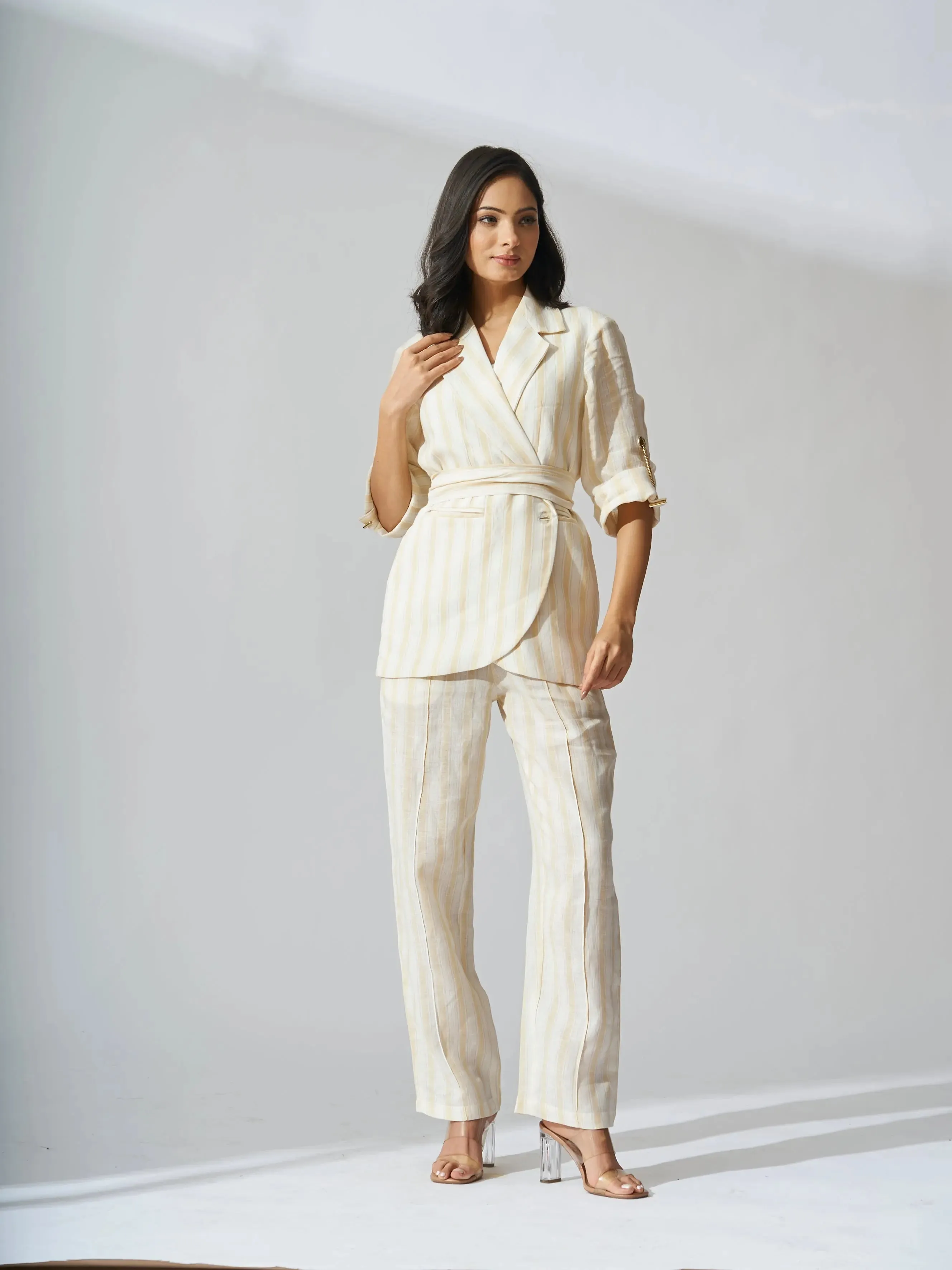 Yellow Striped Linen Blazer with Flared Pants