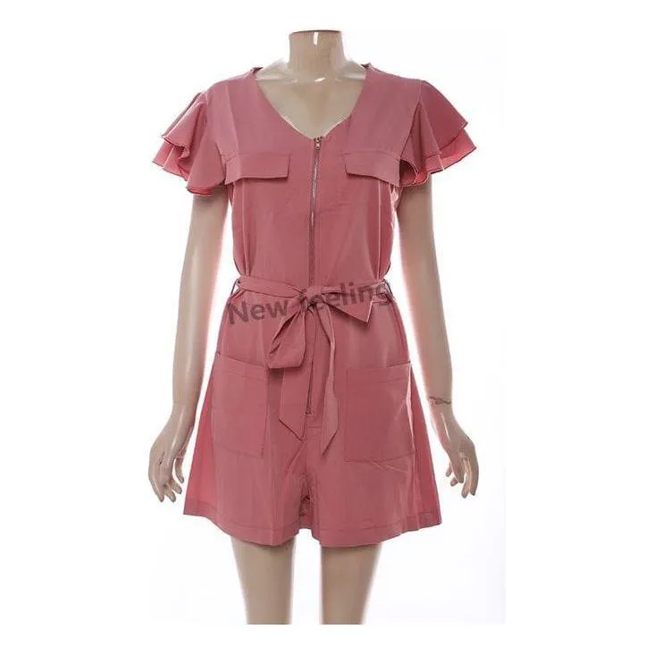 Zipper Short Sleeve Slim Jumpsuits Casual Female Sporty Playsuits.